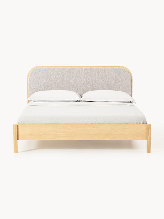 Jonwaire Wooden Bed with Bouclé Headboard