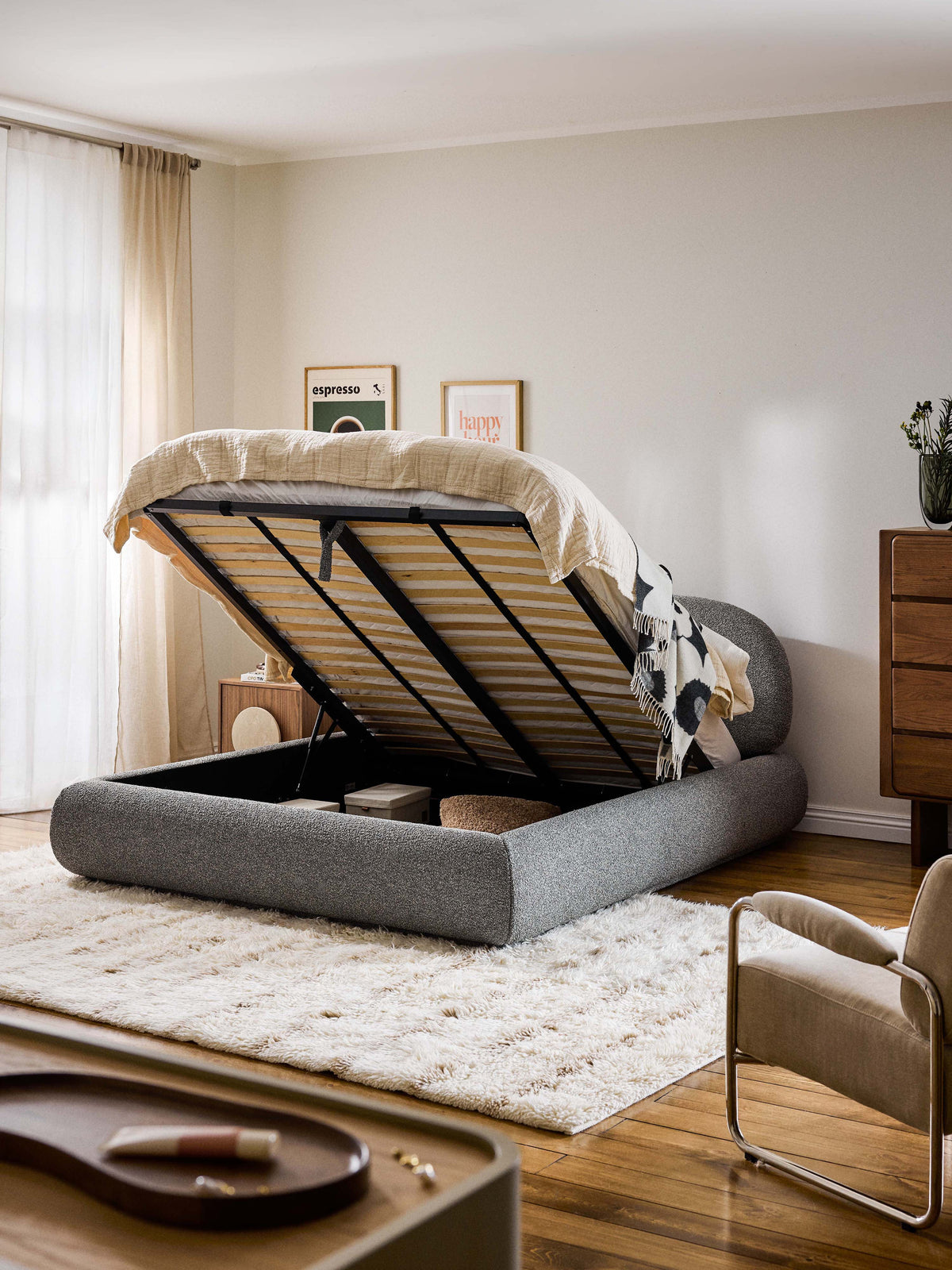 Albravon Upholstered Bed in Bouclé with Storage
