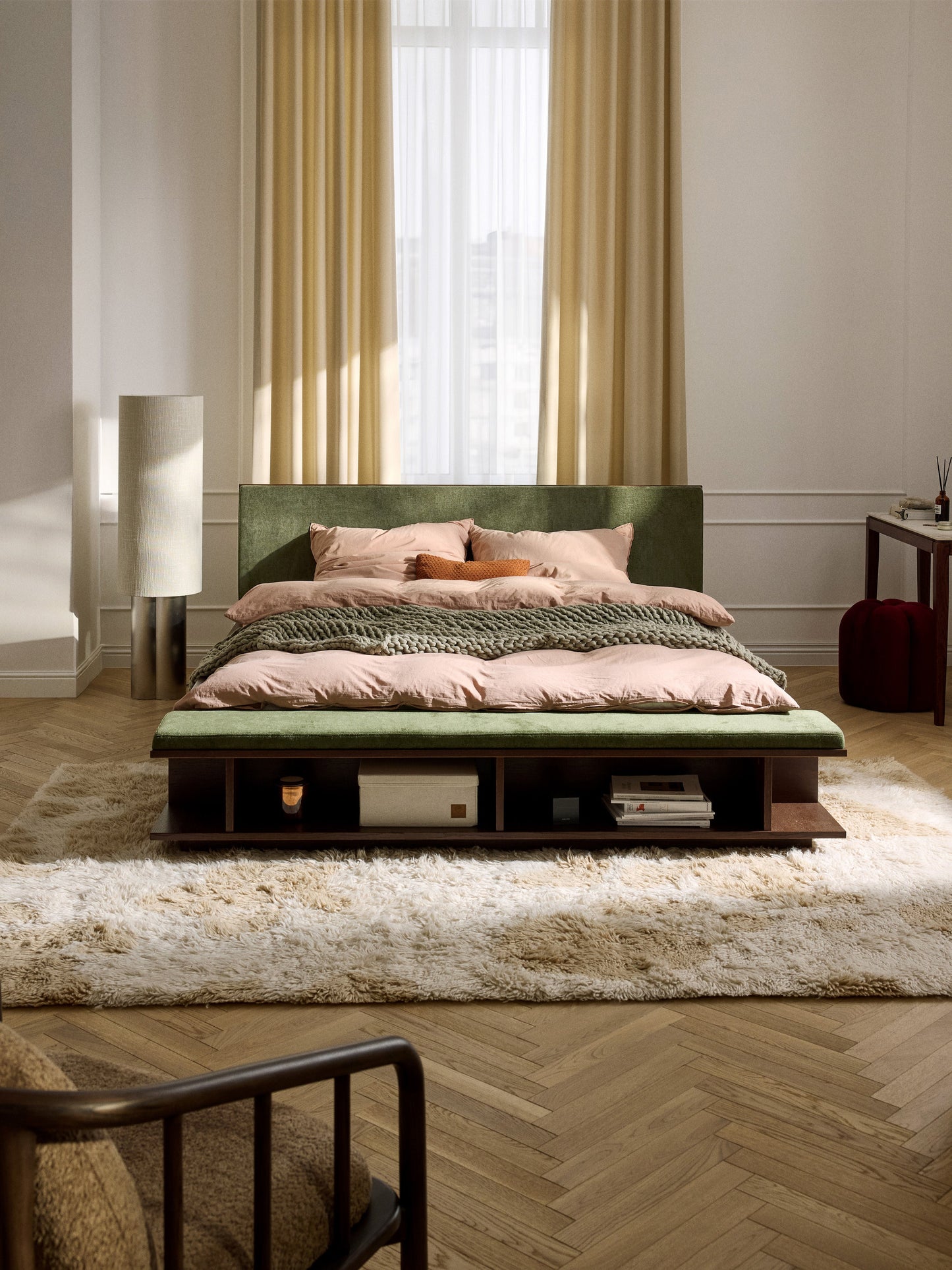 Clarwynne Wooden Bed Frame with Side Shelves and Bench