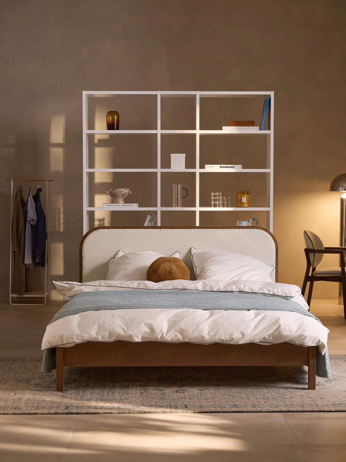 Jonwaire Wooden Bed with Bouclé Headboard