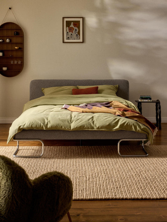 Olimbre Upholstered Bed in Bouclé with Metal Legs