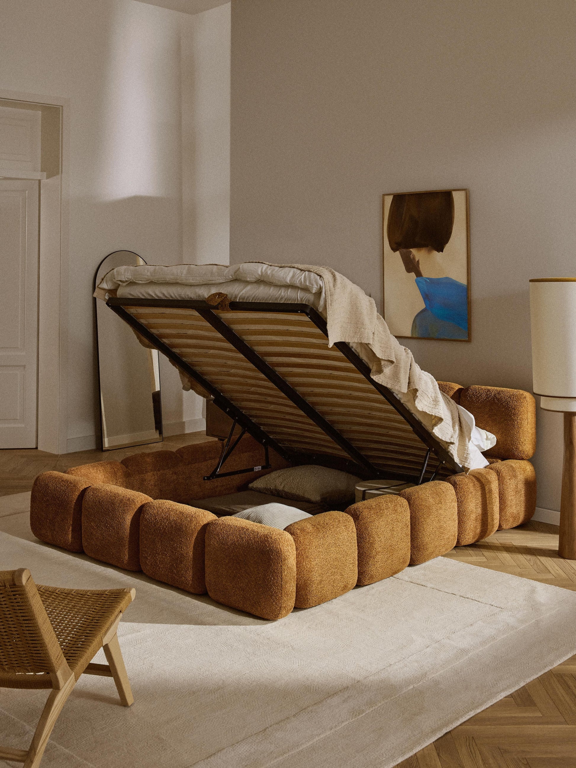 Taylunn Upholstered Bed in Teddy Bouclé with Storage